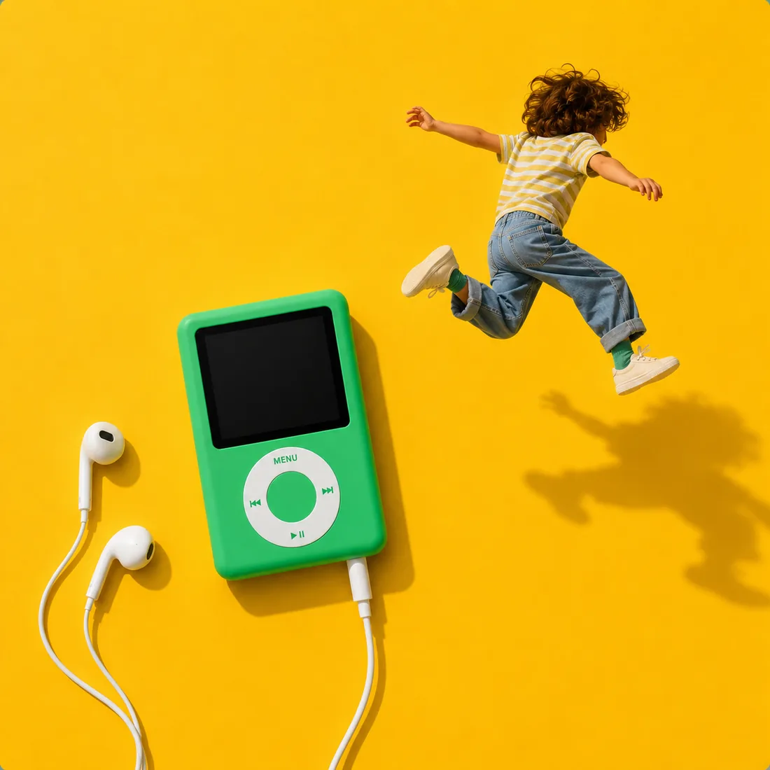 A kid mid-leap next to a green StorybuttonGo player with wired earbuds on a sunny yellow background