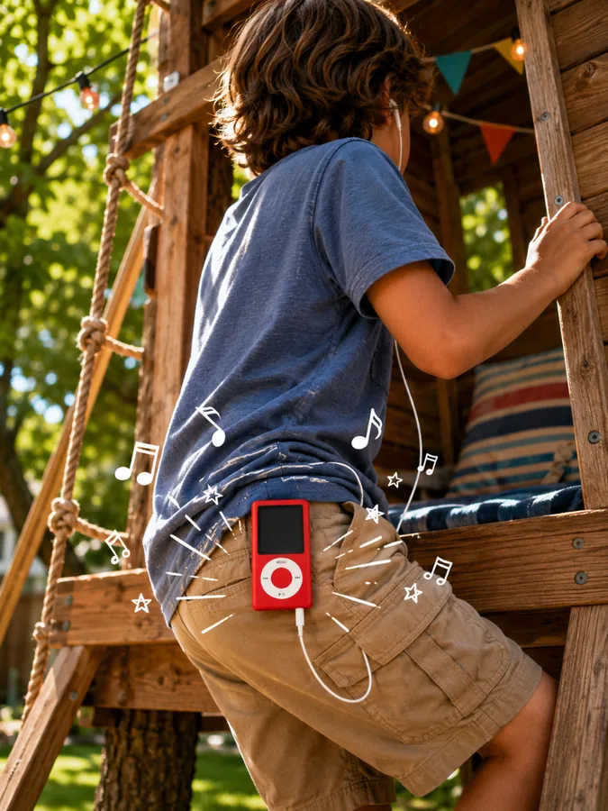 A child listening to StorybuttonGo outdoors